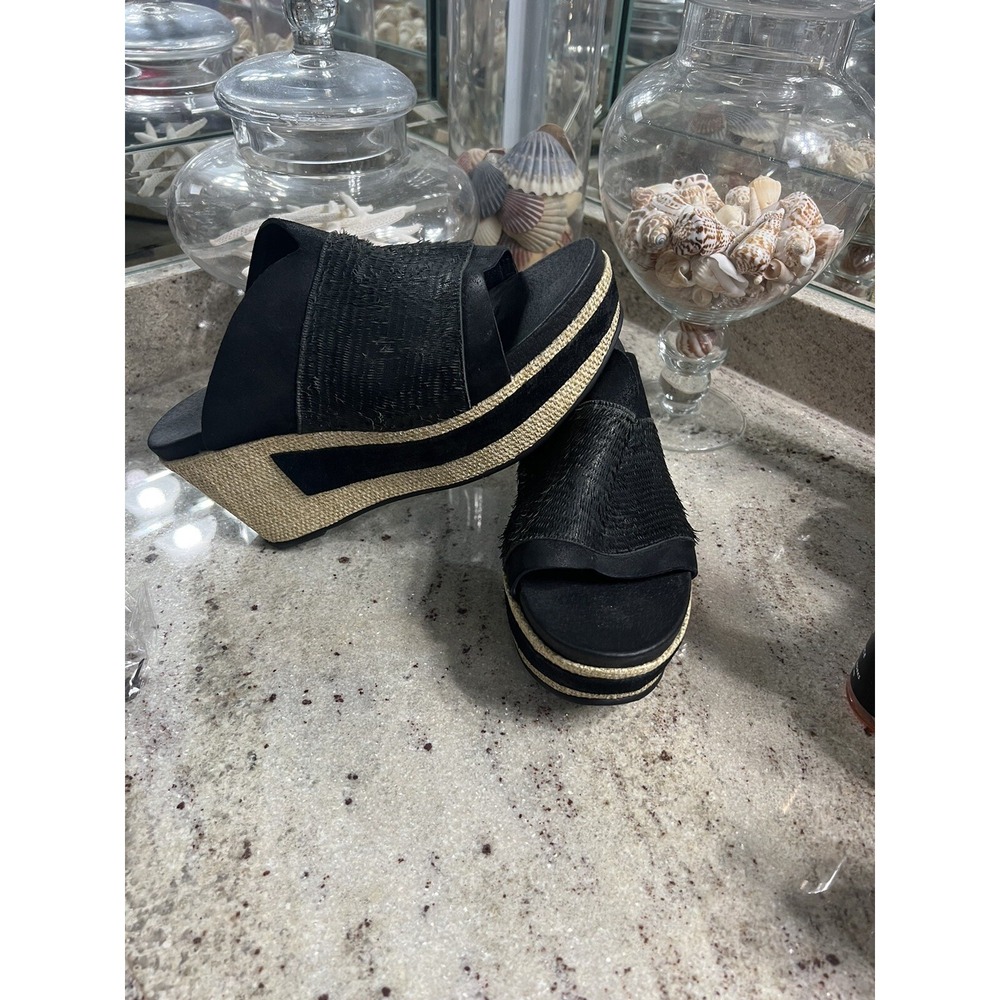 Antelope Women Black Leather Textured Raffia High Wedges 40 EUR Boho Sandals